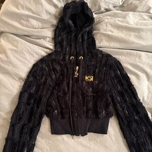 Bebe Black Sequin Faux Fur Cropped Zip Hoodie Gold Logo Y2K